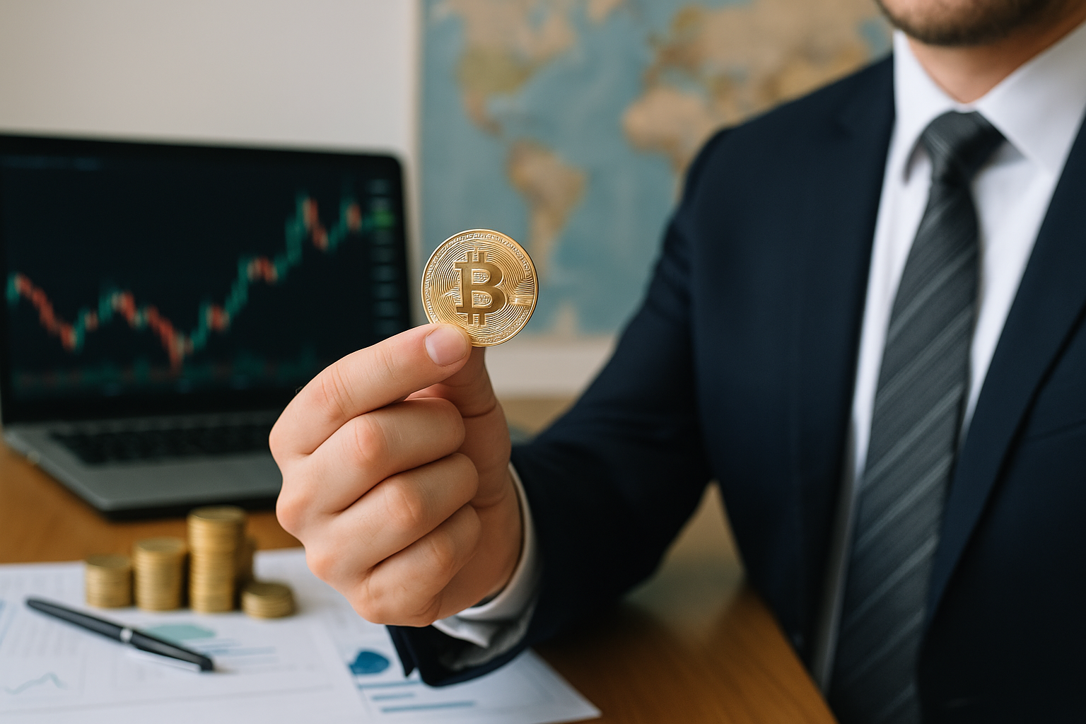 پرداخت بین‌المللی با ارزهای دیجیتال در تجارت خارجی روی میز کار تاجر با لپ‌تاپ و نمودار قیمت.